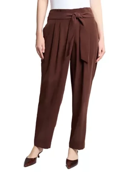 Petite Fly Front Belted Paperbag Waist Straight Leg Pants