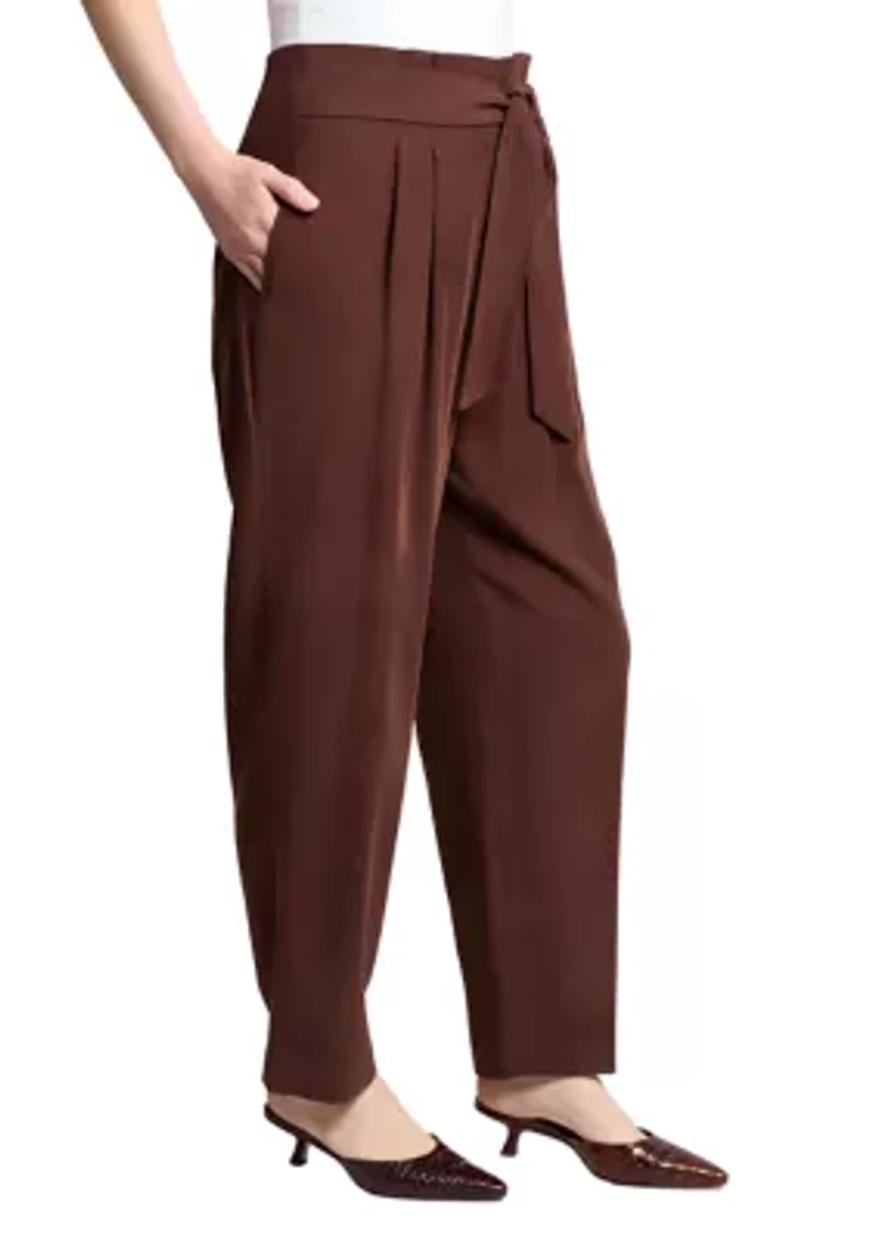 Petite Fly Front Belted Paperbag Waist Straight Leg Pants
