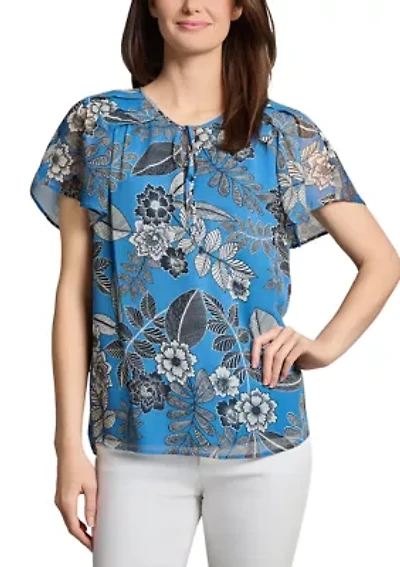 Petite Popover Shirred Neck Printed Blouse