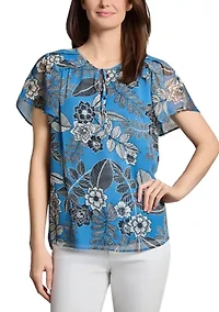 Petite Popover Shirred Neck Printed Blouse