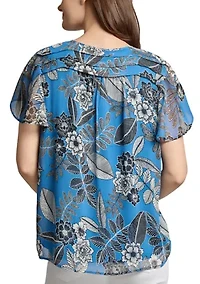 Petite Popover Shirred Neck Printed Blouse