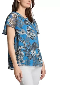 Petite Popover Shirred Neck Printed Blouse