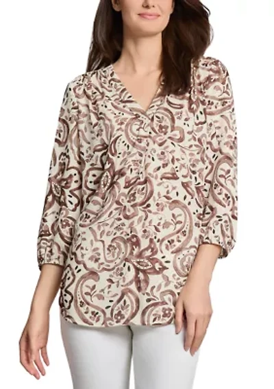 Women's 3/4 Sleeve Printed V-Neck Top