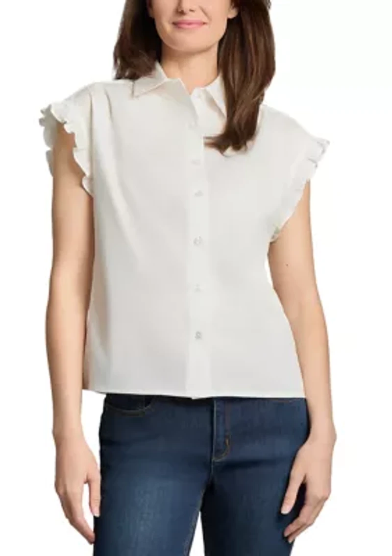 Petite Drop Shoulder Flutter Sleeve Button Front Top