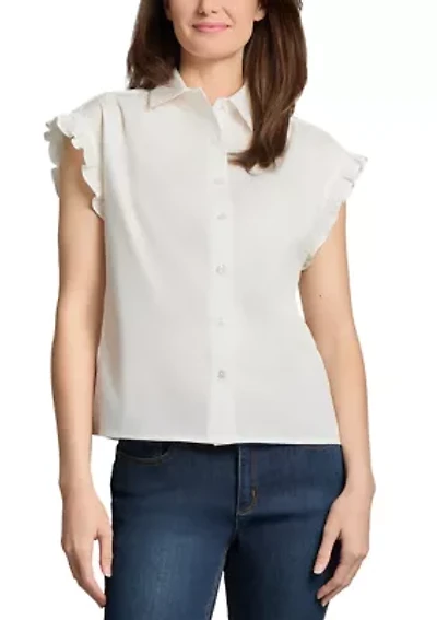 Petite Drop Shoulder Flutter Sleeve Button Front Top