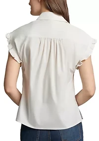 Petite Drop Shoulder Flutter Sleeve Button Front Top