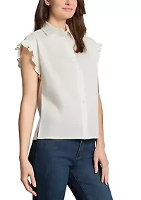 Petite Drop Shoulder Flutter Sleeve Button Front Top