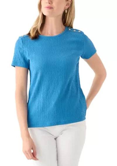 Petite Short Sleeve Placket Shoulder T-Shirt