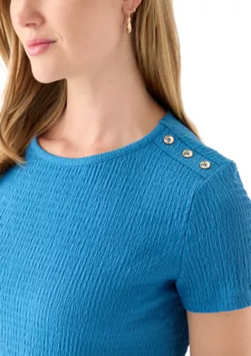 Petite Short Sleeve Placket Shoulder T-Shirt