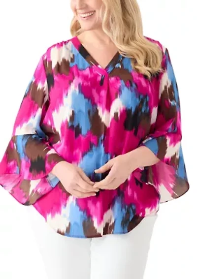 Plus V-Neck Pleat Front Tunic Blouse with Flare Sleeves