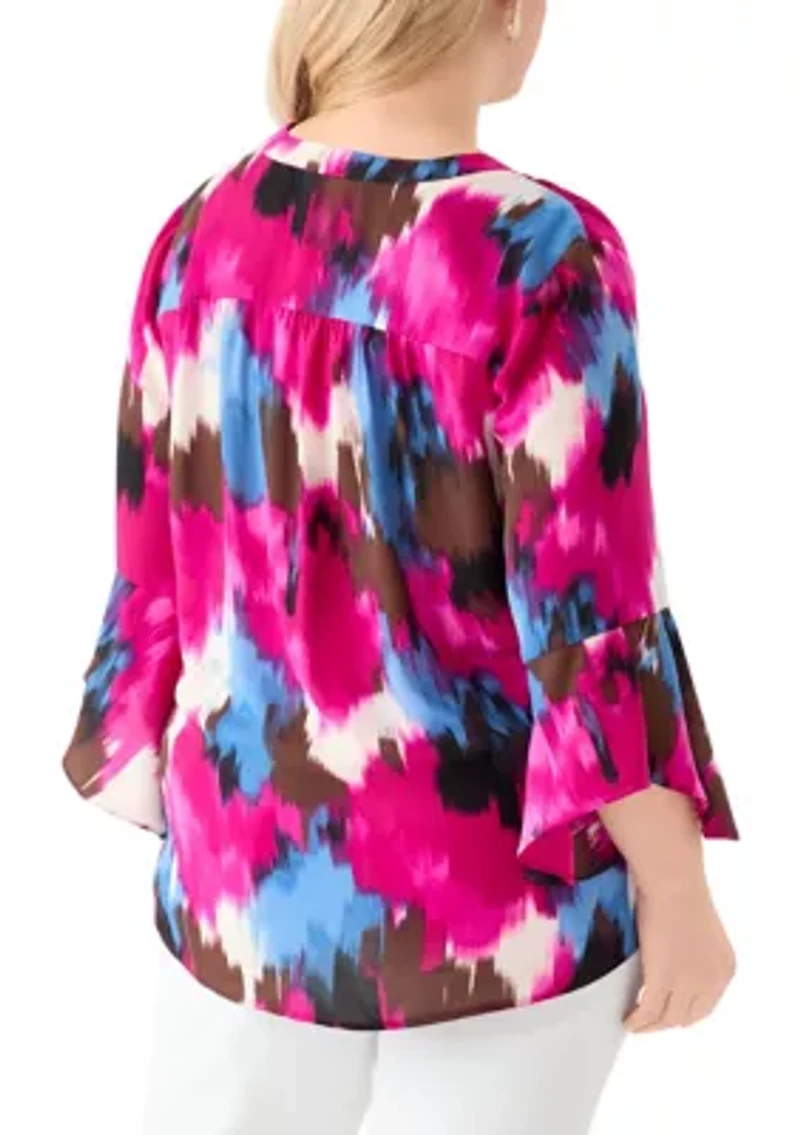 Plus V-Neck Pleat Front Tunic Blouse with Flare Sleeves
