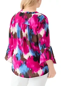 Plus V-Neck Pleat Front Tunic Blouse with Flare Sleeves