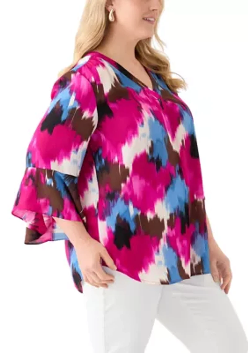 Plus V-Neck Pleat Front Tunic Blouse with Flare Sleeves
