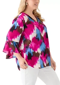 Plus V-Neck Pleat Front Tunic Blouse with Flare Sleeves