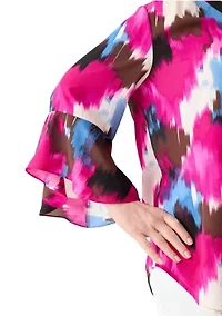 Plus V-Neck Pleat Front Tunic Blouse with Flare Sleeves