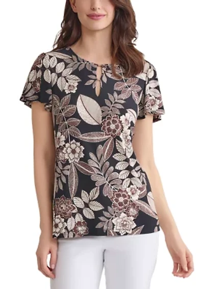 Petite Printed Flutter Sleeve Double Trim Top