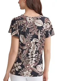 Petite Printed Flutter Sleeve Double Trim Top