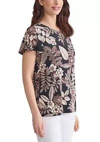 Petite Printed Flutter Sleeve Double Trim Top