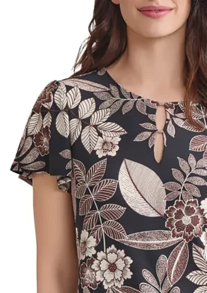 Petite Printed Flutter Sleeve Double Trim Top