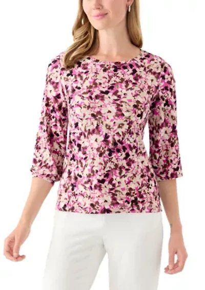 Petite Printed Moss Crepe Crew Neck Top with 3/4 Puff Sleeves