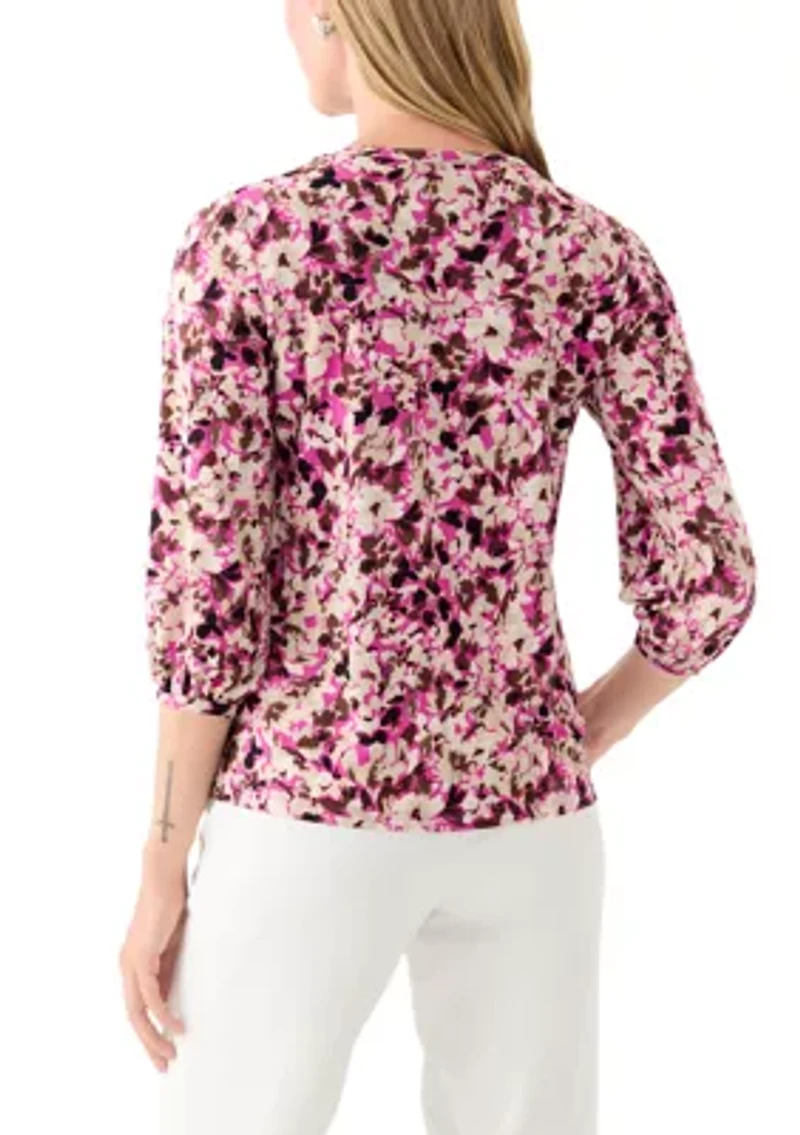 Petite Printed Moss Crepe Crew Neck Top with 3/4 Puff Sleeves