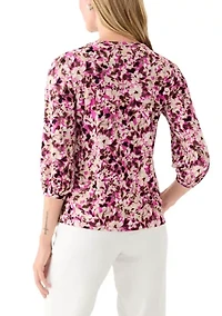 Petite Printed Moss Crepe Crew Neck Top with 3/4 Puff Sleeves