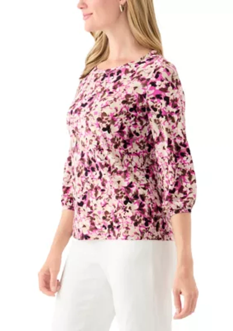 Petite Printed Moss Crepe Crew Neck Top with 3/4 Puff Sleeves