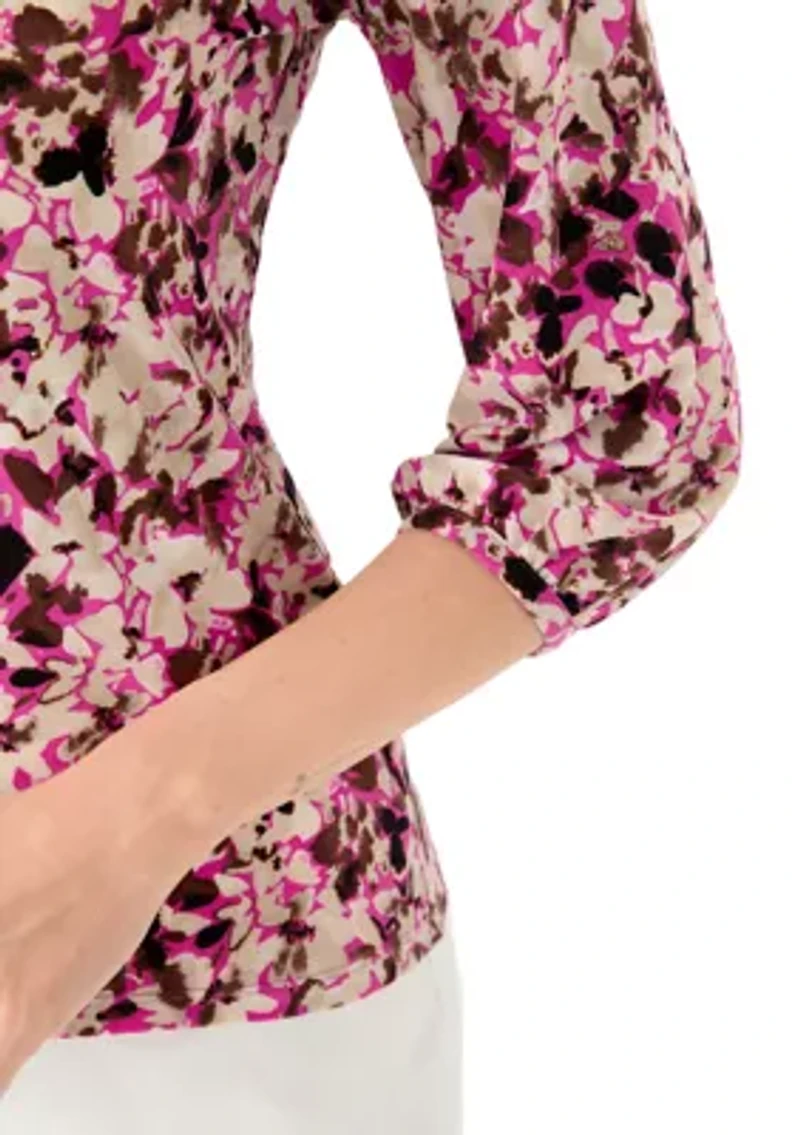 Petite Printed Moss Crepe Crew Neck Top with 3/4 Puff Sleeves