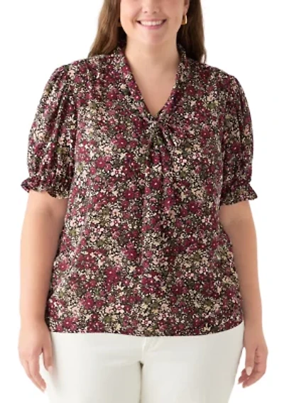 Plus Tie Neck Blouse with Short Puff Sleeves