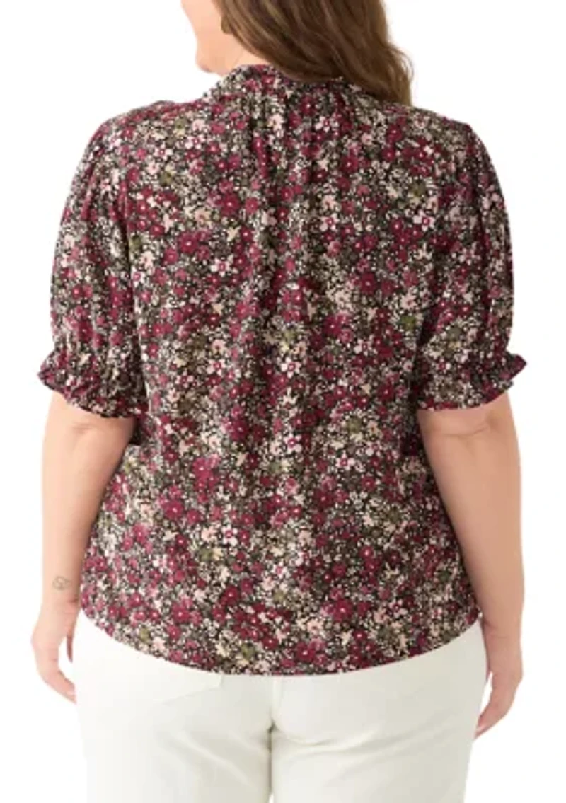 Plus Tie Neck Blouse with Short Puff Sleeves
