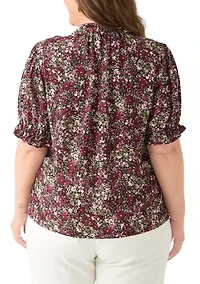 Plus Tie Neck Blouse with Short Puff Sleeves