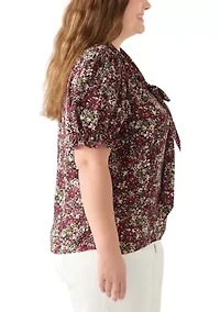 Plus Tie Neck Blouse with Short Puff Sleeves