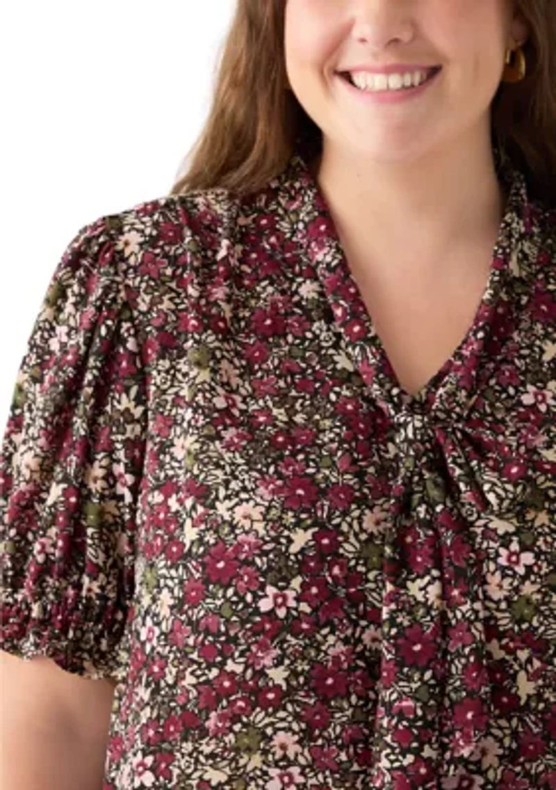 Plus Tie Neck Blouse with Short Puff Sleeves