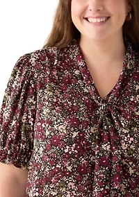 Plus Tie Neck Blouse with Short Puff Sleeves