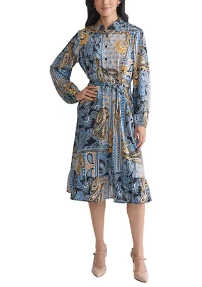 Women's Long Sleeve Printed Chiffon A-Line Dress