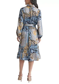 Women's Long Sleeve Printed Chiffon A-Line Dress