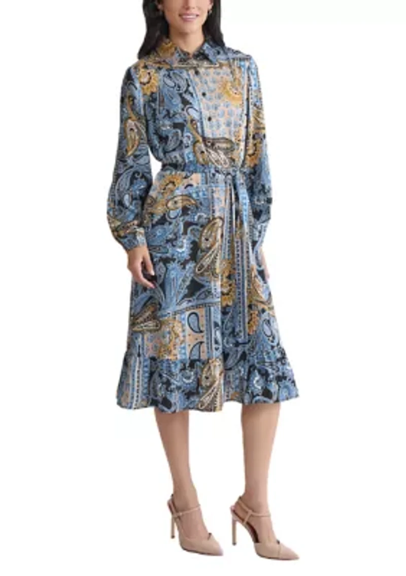 Women's Long Sleeve Printed Chiffon A-Line Dress