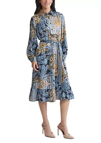 Women's Long Sleeve Printed Chiffon A-Line Dress