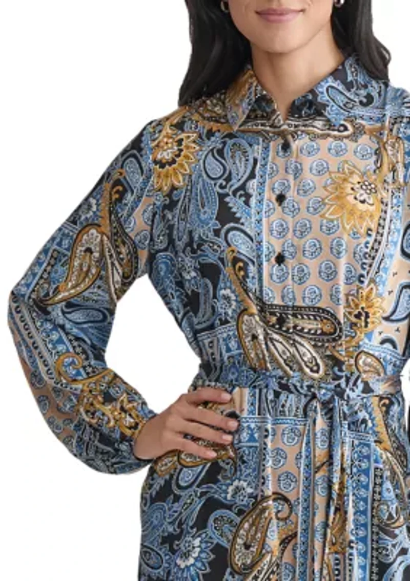 Women's Long Sleeve Printed Chiffon A-Line Dress