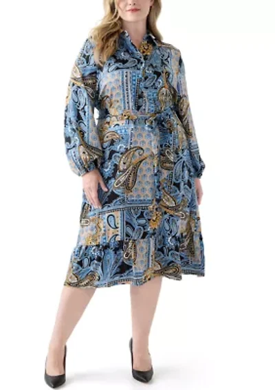 Plus Long Sleeve Shirt Dress with Small Tiered Printed Flat Satin Self Back-Facing