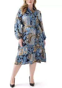 Plus Long Sleeve Shirt Dress with Small Tiered Printed Flat Satin Self Back-Facing