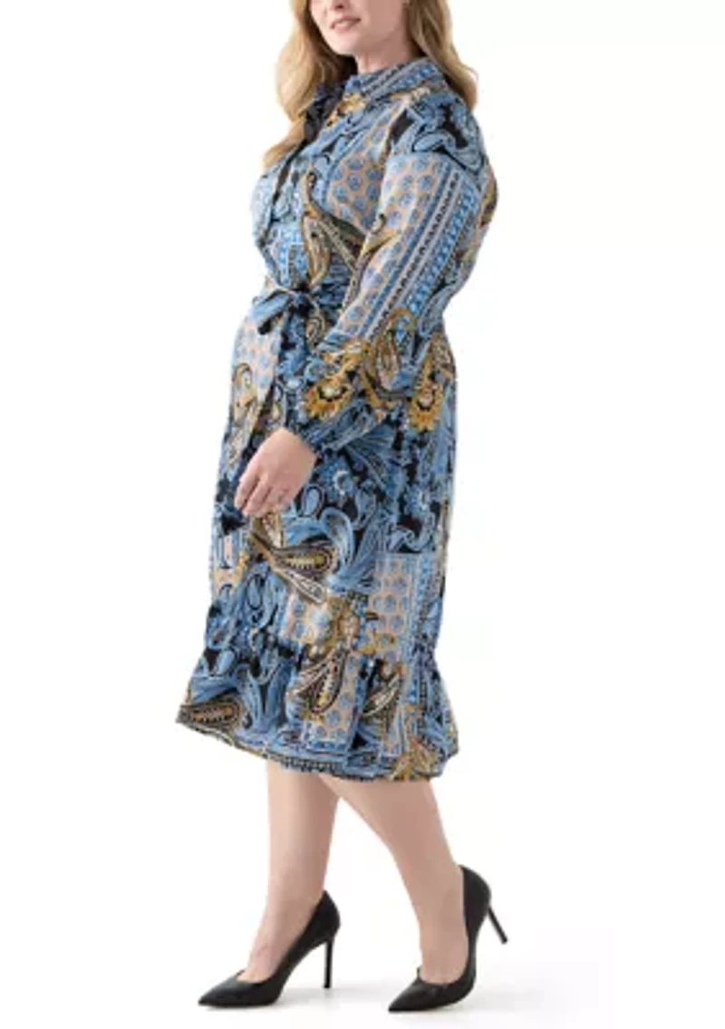 Plus Long Sleeve Shirt Dress with Small Tiered Printed Flat Satin Self Back-Facing