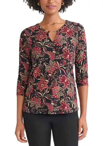 Petite 3/4 Sleeve Keyhole Neck Top with Trim