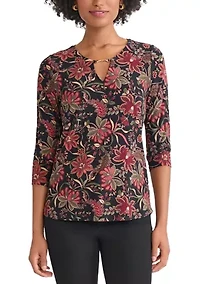 Petite 3/4 Sleeve Keyhole Neck Top with Trim