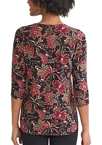 Petite 3/4 Sleeve Keyhole Neck Top with Trim