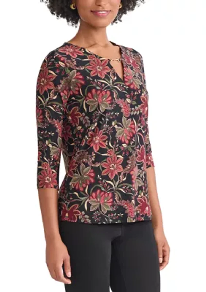 Petite 3/4 Sleeve Keyhole Neck Top with Trim