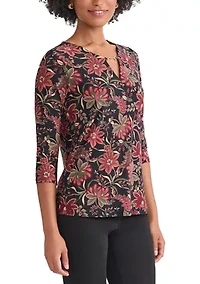 Petite 3/4 Sleeve Keyhole Neck Top with Trim