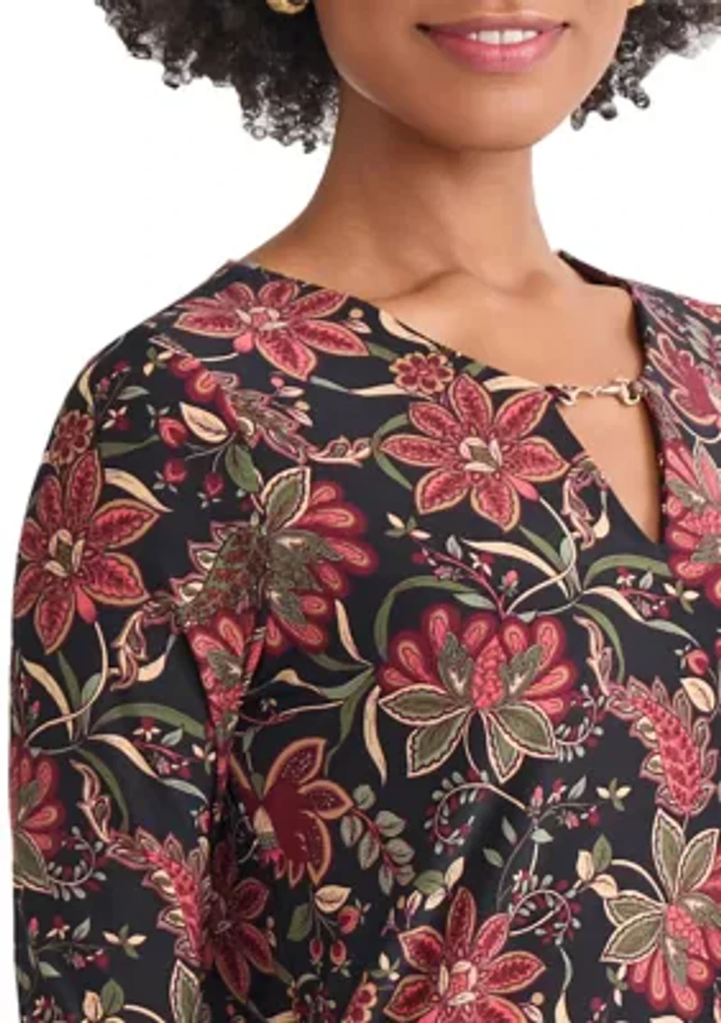 Petite 3/4 Sleeve Keyhole Neck Top with Trim