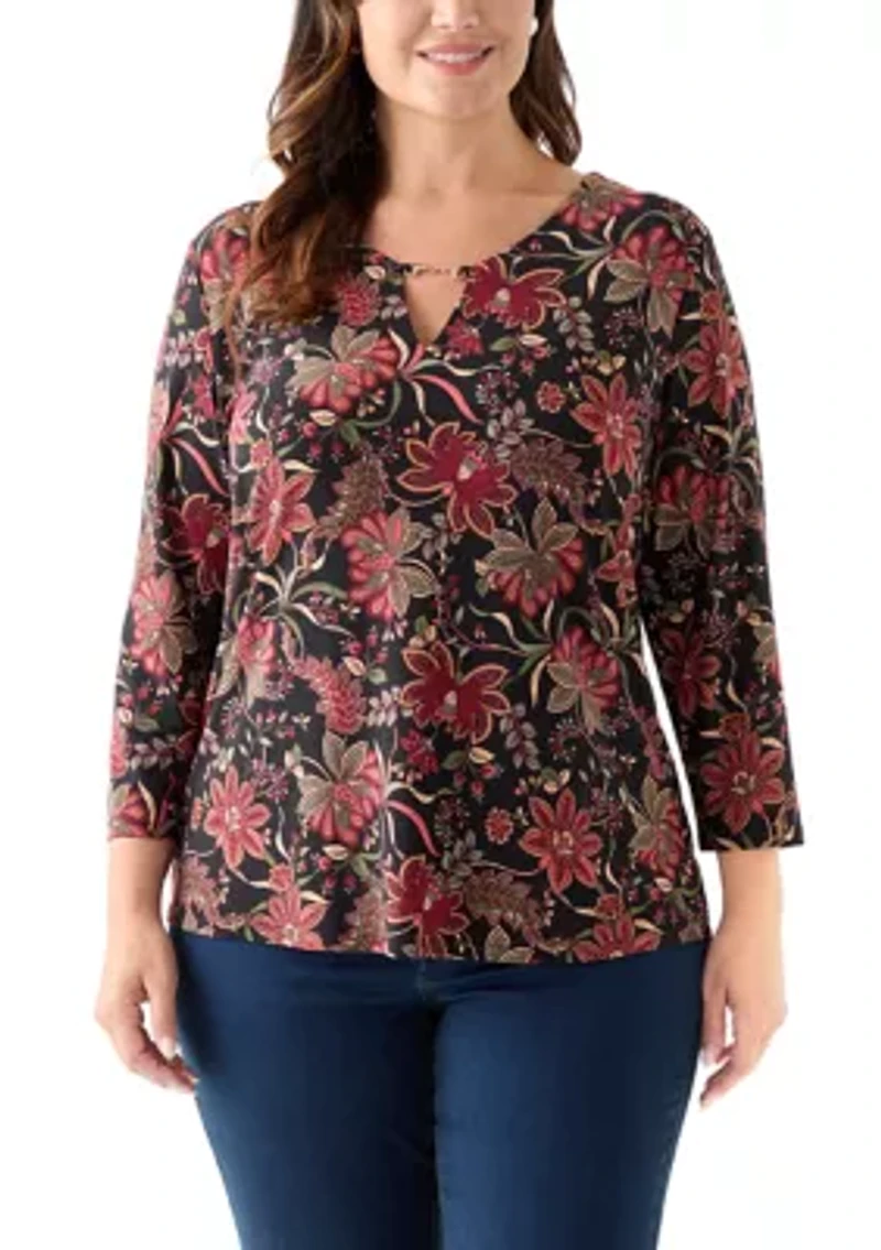 Plus Printed 3/4 Sleeve V-Neck Top with Trim