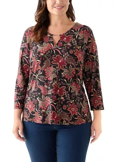Plus Printed 3/4 Sleeve V-Neck Top with Trim